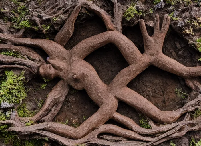 Prompt: dslr esculpture made from roots interwovem in the shape of a woman in the bottom of the sea, 8 5 mm f 1. 8