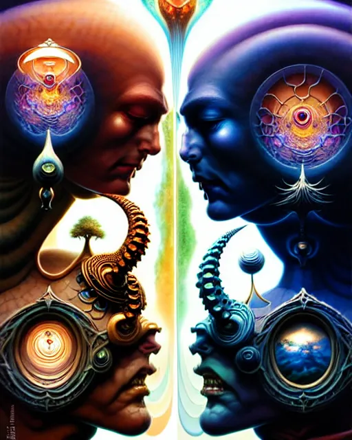 Prompt: two lovers facing each other, tarot card, fantasy character portrait made of fractals, ultra realistic, wide angle, intricate details, the fifth element artifacts, highly detailed by peter mohrbacher, hajime sorayama, wayne barlowe, boris vallejo, aaron horkey, gaston bussiere, craig mullins