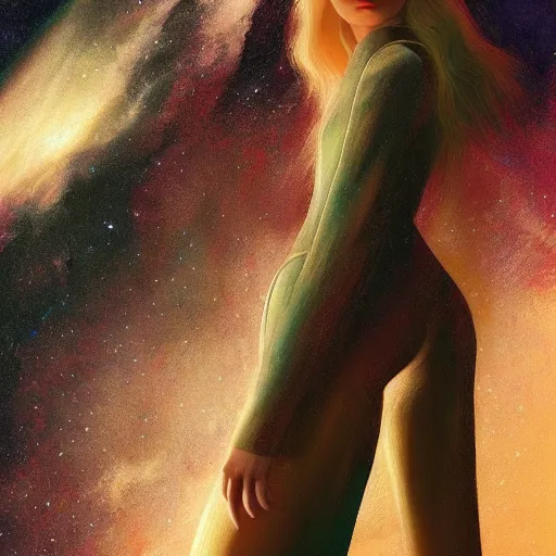 Prompt: silhouette of Elle Fanning in space, stormy weather, extremely detailed masterpiece, oil on canvas, low-key neon lighting, artstation, Blade Runner 2049, Roger Deakin’s cinematography, by J. C. Leyendecker and Peter Paul Rubens,