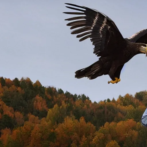 Prompt: alec baldwin on a giant eagle flying high in a sky, photo