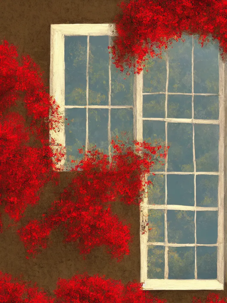Prompt: a interior photo of a old house single window with view to the sunrise near some red flowers, hyperrealistic, digital painting, masterpiece, high quality, highly detailed, high coherence, path traced, serene landscape, beautiful, elegant, bloom, godrays, complementary colors, natural lighting, symmetrical, low contrast