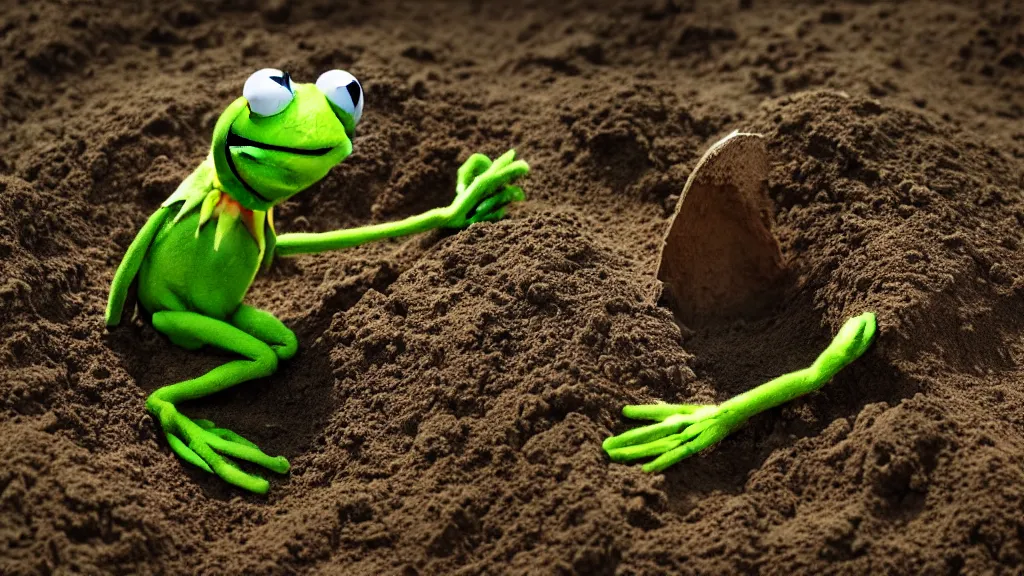 Prompt: A highly photographic render of Kermit the frog digging a grave, rim lighting, cinematic lighting, octane engine, photo realistic image, 4K, super detailed, cinematic look