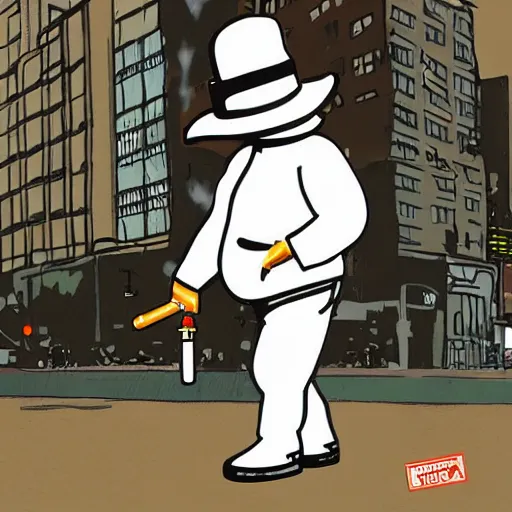 Prompt: the stay puff marshmallow man wearing timberland shoes and hat while smoking a joint and walking in new york city, digital art