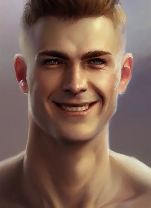 Prompt: a _ fantasy _ style _ portrait _ painting _ of white male short fringe light brown hair short head smiling clean shaven round face rpg dnd oil _ painting _ unreal _ 5 _ daz. _ rpg _ portrait _ extremely _ detailed _ artgerm _ greg _ rutkowski _ greg