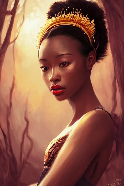 Image similar to stunningly beautiful, nubian geisha prima ballerina in jungle, symmetrical face, golden hour, smooth, focus, highly detailed, hyper realistic, dramatic lighting, elegant, intricate, concept art, art by wlop, mars ravelo, greg rutowski, artstation