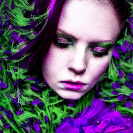 Image similar to a high quality photo of a beautiful woman moody and melanchony with accents of purple and green.