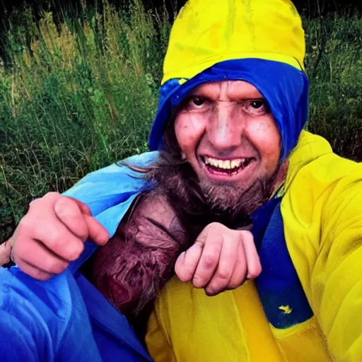 Image similar to 2 0 2 2 last selfie of last alive of frightened funny ukrainian in yellow and blue clothes, trying to escape, badly injured from radiation to bones from a huge nuclear explosion at background, dead bodies everywhere