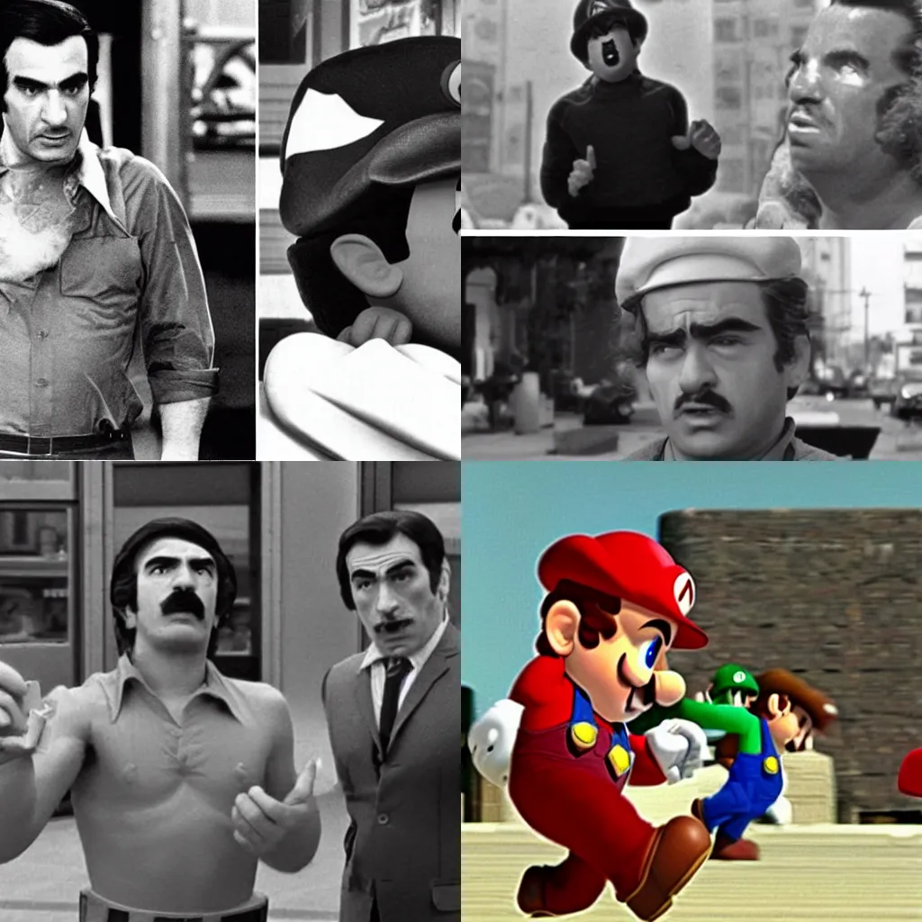 Prompt: A still from a 1970\'s Scorsese Drama film about Super Mario. The still is from a scene where Mario realizes how tough his life are.