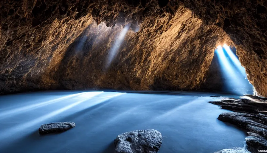 Image similar to Blue cave during the day ,god rays, incredible lighting, 4k photography award winning,