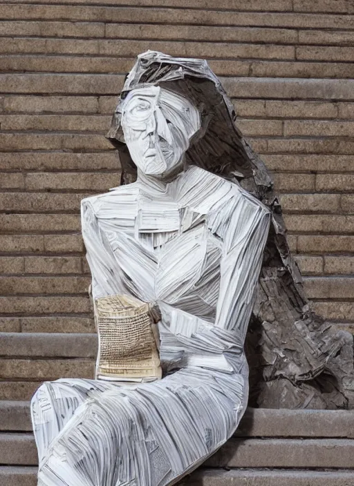 Prompt: a portrait of a beautiful young woman paper mache wrapped and made of newspaper, sitting relax and happy, marble stairs on the the backgroundhyper realistic, 8 k,