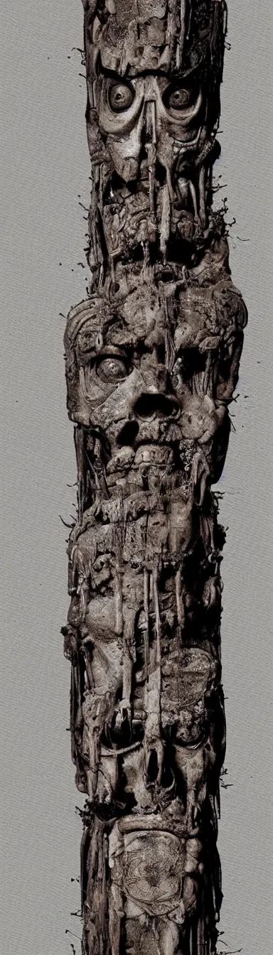 Prompt: totem pole made of skin blood in a giger artwork psycho stupid fuck it insane, looks like death but cant seem to confirm, various refine techniques, micro macro autofocus, to hell with you, later confirm hyperrealism, set back dead colors, devianart craze