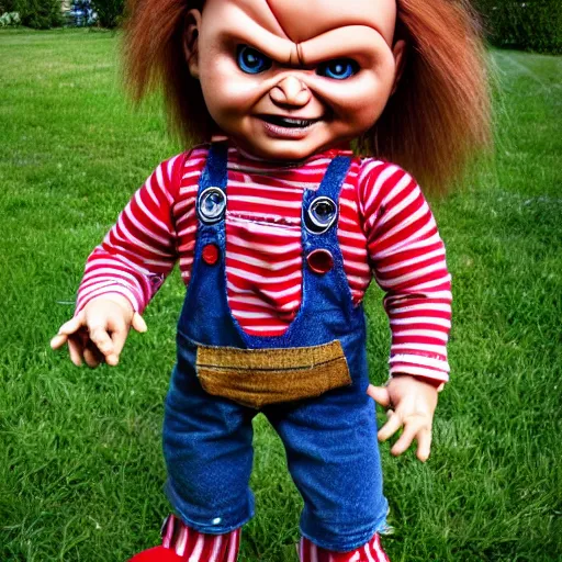 Image similar to Chucky the killer doll standing in the yard