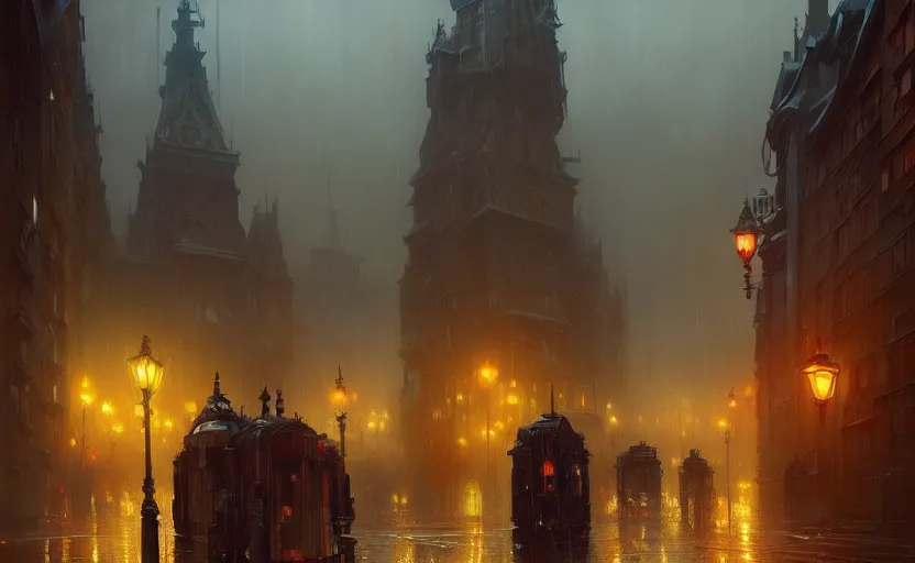 Image similar to a victorian city with rainy and moody cinematic lighting by darek zabrocki and greg ruthkowski, alphonse mucha, simon stalenhag and cinematic and atmospheric, concept art, artstation, trending on artstation