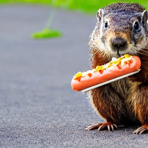 Image similar to a groundhog eating a hot dog