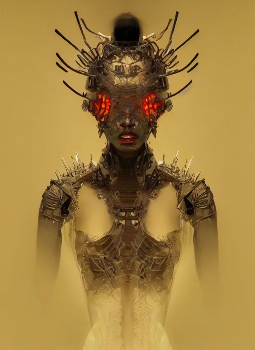 Image similar to portrait of a futuristic geisha demon cyborg, kintsugi, modern fine art, fractal, intricate, elegant, highly detailed, digital photography, subsurface scattering, by jheronimus bosch and greg rutkowski,