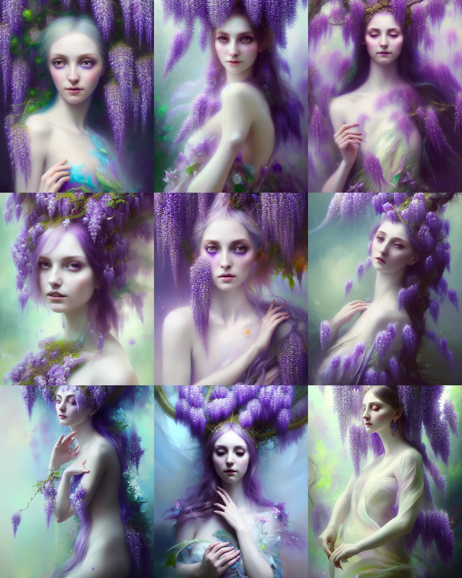 Image similar to Full View Portrait Mystical ethereal wisteria deity wearing beautiful dress, wisteria Dryad, 4k digital masterpiece by Anna dittman and Ruan Jia and Alberto Seveso, fantasycore, Hyperdetailed, realistic oil on linen, soft lighting, wisteria background, featured on Artstation