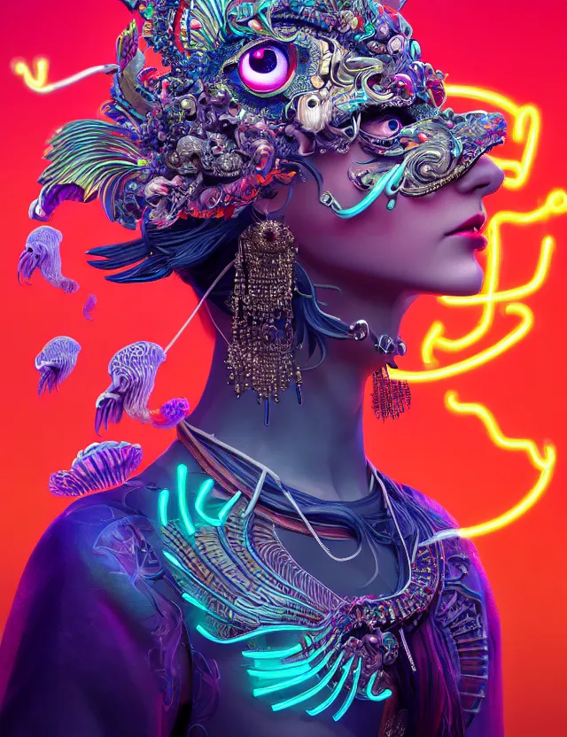 Image similar to 3 d goddess close - up profile portrait with crown, ram skull. beautiful intricately detailed neon japanese crow kitsune mask and clasical japanese kimono. betta fish, jellyfish phoenix, bio luminescent, plasma, ice, water, wind, creature, artwork by tooth wu and wlop and beeple and greg rutkowski