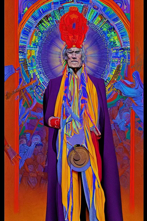 Prompt: an awesome jean giraud portrait of timothy leary in the style of a renaissance masters portrait, mystical and new age symbolism, tibetan book of the dead