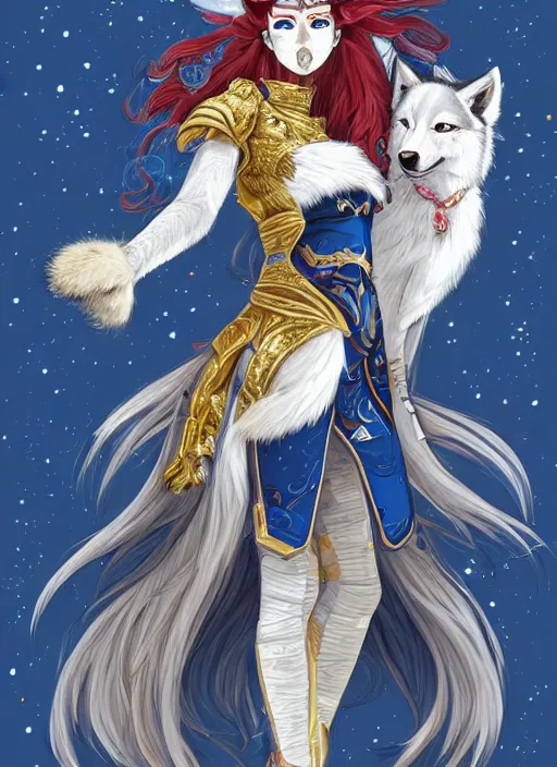 Image similar to commissioned full body portrait of a female anthro wolf princess fursona with a wolf head white fur and long red hair hair wearing a blue and gold Japanese armored dress in a white and gold palace on a starry night with a large crescent moon, by a professional manga illustrator, by Kilian Eng, by Sandra Chevrier, trending on artstation