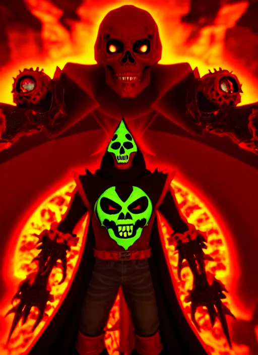 Image similar to character portrait of spawn hero, hellpunk, crimson energy radiating everywhere, hellish skull inferno in background, 8 k unreal engine render, photorealistic, rule of thirds, cinematic