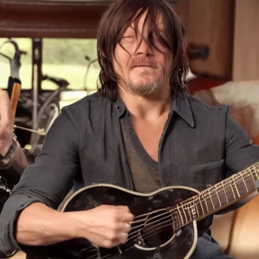 Image similar to norman reedus playing the guitar saying uhhh what wait what huh pham sandwich