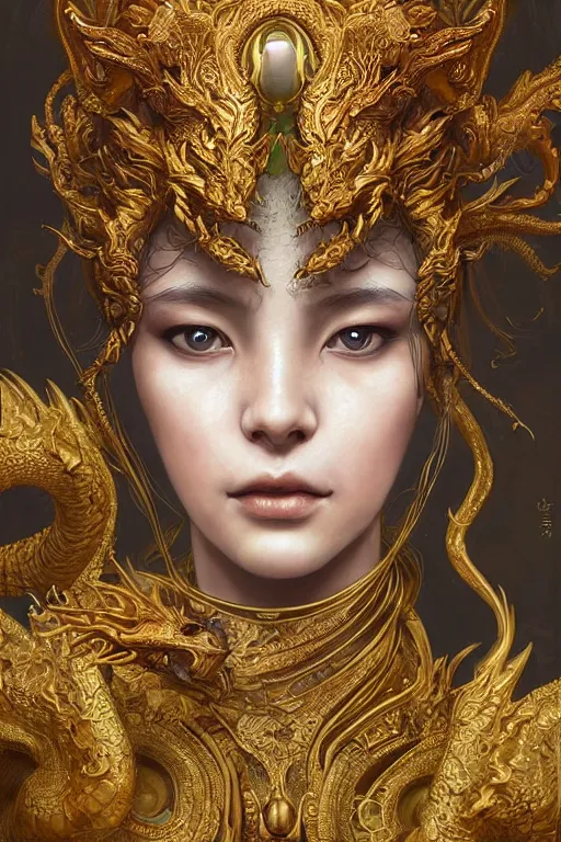 Prompt: face closeup of beautiful dragon girl in intricate detailed oilpaint, ornate gold fractal headpiece, 3 d render, hyper realistic detailed portrait, fyling silk, ruan jia, wlop. scifi, fantasy, hyper detailed, octane render, concept art, by peter mohrbacher, by gustav klimt, by wlop, by ruan jia