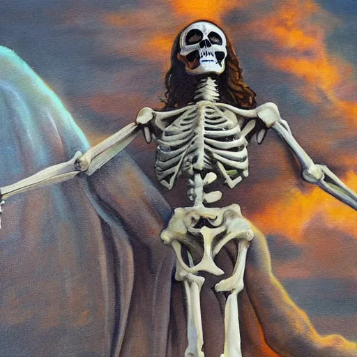 Image similar to a detailed painting of Jesus Christ skeleton standing with a background of apocalypse on earth