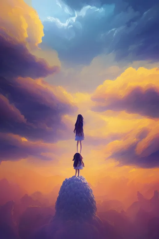 Image similar to perspective giant dahlia flower as head, girl standing on mountain, surreal photography, blue storm clouds, dramatic light, impressionist painting, digital painting, artstation, simon stalenhag