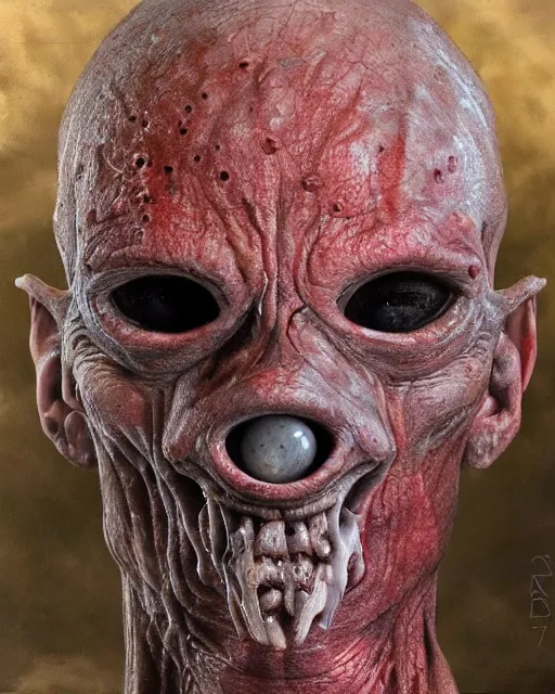 Image similar to Haunting horrifying hyperrealistic detailed painting of a tall slim flesh extraterrestrial creature made of concrete stone brick, covered in, heavy metal, disgusting, creepy, unsettling, and bloodshot eyeballs, hyper detailed, trending on Artstation