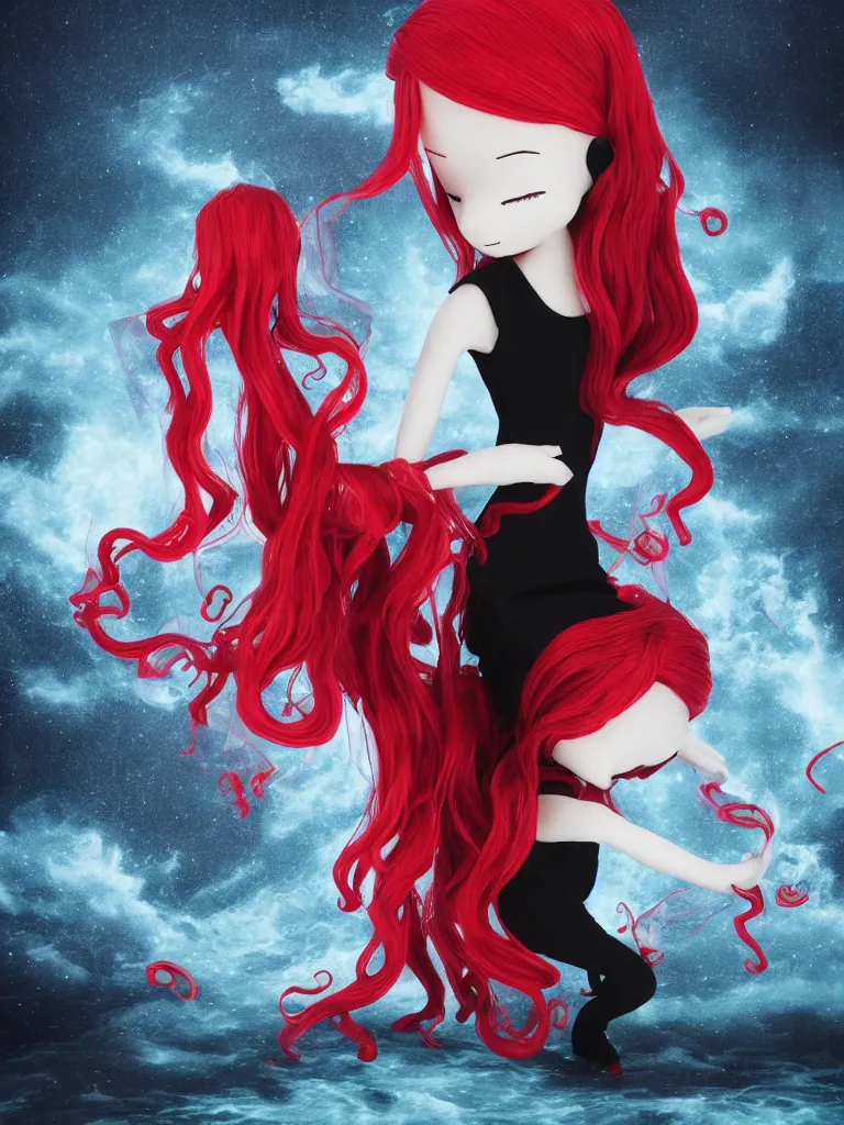 Image similar to cute fumo plush chibi gothic translucent octopus maiden alien girl combing her hair in the waves of the wavering dark galactic abyss, black and red dress with ribbons, ocean wave thunderstorm and reflective splashing water, black and white, ocean simulation, vignette, vray