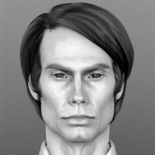 Image similar to A mugshot portrait of a man who looks like Jerma985 with short length wavy hair, a combover and wearing late 1970s menswear in the late 1970s, taken in the late 1970s, grainy, realistic, hyperrealistic, very realistic, highly detailed, very detailed, extremely detailed, detailed, trending on artstation, front facing, front view, headshot and bodyshot, detailed face, very detailed face
