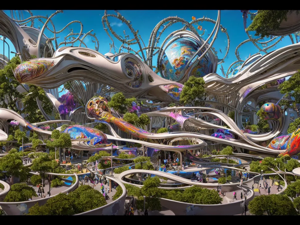 Image similar to a busy elaborate ornate outdoor science museum, cinematic, shadows, 4 k, detailed, by zaha hadid and lisa frank and peter jackson and ridley scott and beeple and greg rutowski