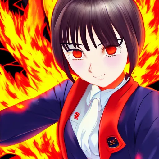 Prompt: Portrait of a Japanese schoolgirl with short hair in school uniform causing flames in a moment of rage with GUNDAM on background, ultra detailed, artstation, 8k, photorealistic, digital anime art.