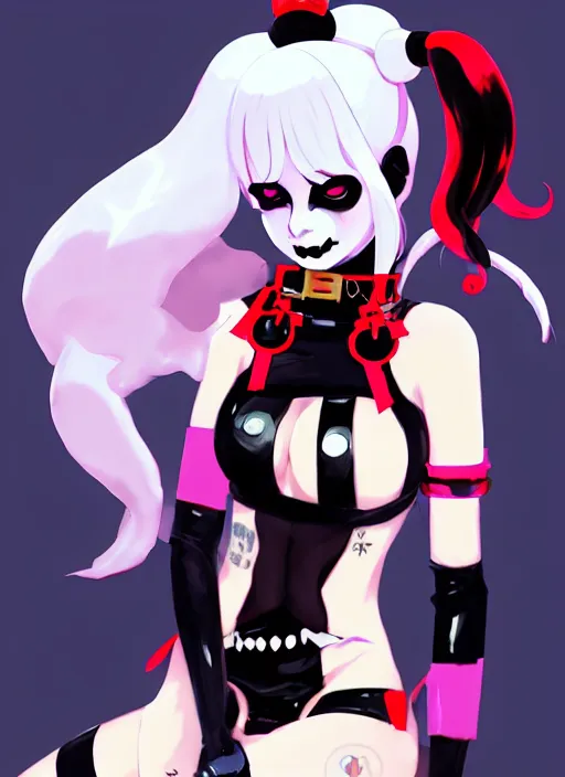 Image similar to portrait of cute goth harley quinn in latex clothes, illustration concept art anime key visual trending pixiv fanbox by wlop and greg rutkowski and makoto shinkai and studio ghibli