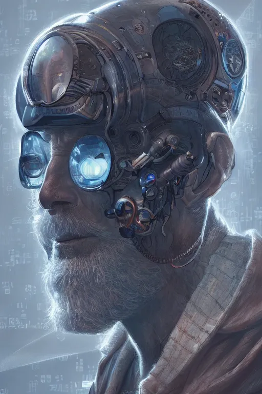 Image similar to ultrarealistic illustration old man cyborg, cyberpunk, sci - fi fantasy, intricate, elegant, highly detailed, digital painting, artstation, concept art