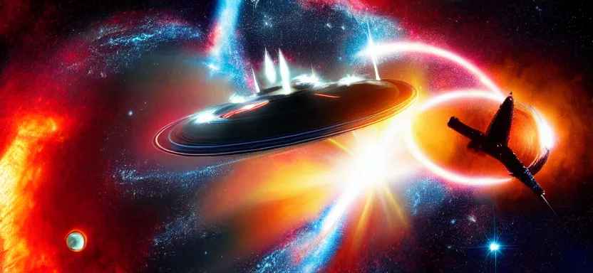 Prompt: startrek enterprise flying past a super nova and black hole, by juan ortiz 8k,