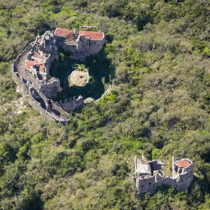 Image similar to aerial view of an ancient fortress from above on a hill by the ocean shaped exactly like the punisher symbol detailed