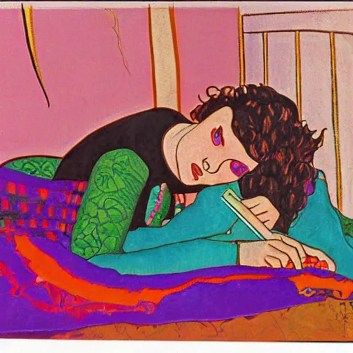 Prompt: rocker goth teen girl with black lace boots laying on her stomach on the floor, writing on a journal. 1970s colorful psychedelic bedroom. Trippy colors. Stylized. Egon schiele. Moscoso