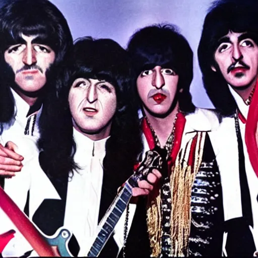 Image similar to the beatles playing together with kiss in a concert