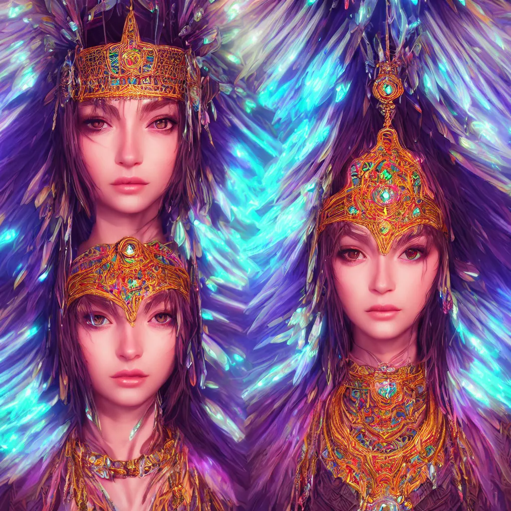 Image similar to portrait highly detailed beautiful symmetrical face high priestess intricate elegant detailed crystal jewellery with tribal feathers, lush colourful volumetric lighting, anime digital painting, concept art, smooth, sharp focus 3 d, divine realm of gods, realistic cinematic style, octane render, photographic, unreal engine 8 k