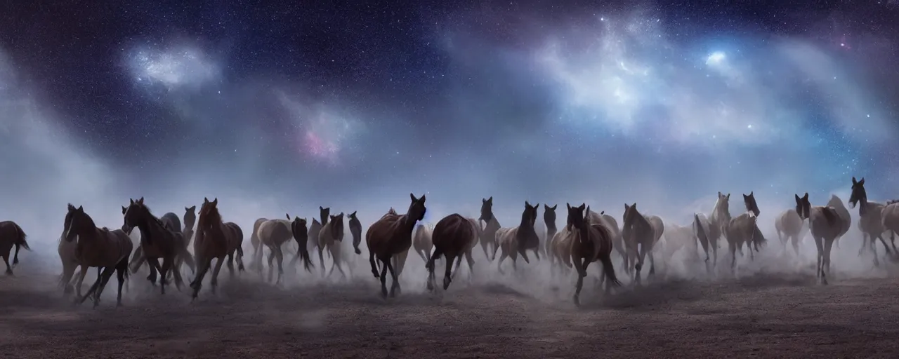 Prompt: hundreds of stampeding wild horses running through a galaxy, volumetric lighting,