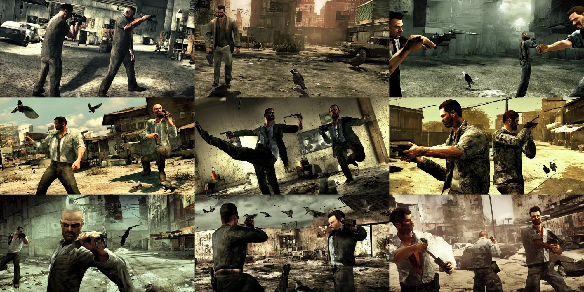 KREA - A promo screenshot from Max Payne 4: The Flight of Max Payne, which  features Max Payne becoming a famous pigeon rancher in post-collapse  America.