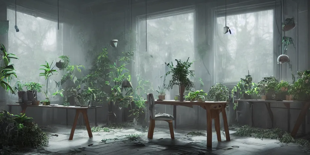 Image similar to kamwei fong cat desk office mirrors plants gloomy strange weird mist curious fish luminous bloom windows insect atmosphere sense awe 4 k 8 k render 3 d unreal engine 5 octane by nikolina petolas