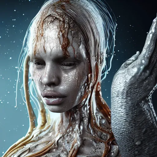 Prompt: epic still of a woman with facehugger on face, wet flowing hair, gooey skin, illustration, unreal engine 5, 8 k, made by h. r. giger