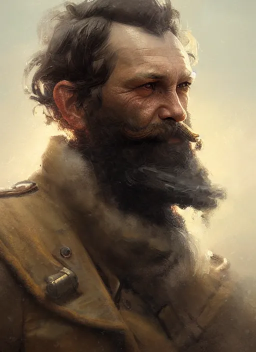 Image similar to portrait of a rugged sea captain, victorian, concept art, detailed face, fantasy, close up face, highly detailed, cinematic lighting, digital art painting by greg rutkowski