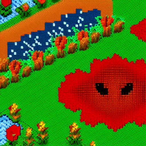 Prompt: overdetailed pixel art of a big flower on a beautiful meadow in the middle of a clearing of a forest, hd, cinematic