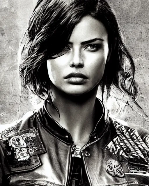 Image similar to Adriana Lima in sons of anarchy tv show, wearing jacket, D&D style , highly detailed, digital art, trending on artstation, smooth, sharp focus, illustration, art by artgem and ROBERT HYNES