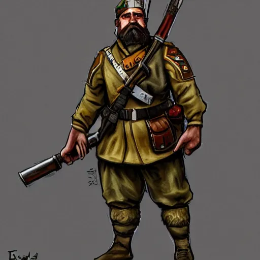 Prompt: Full body concept art of A High fantasy WW1 dwarve soldier using a enchanted bazooka trending on artstation deviantart Pinterest detailed High Resolution HD 8k