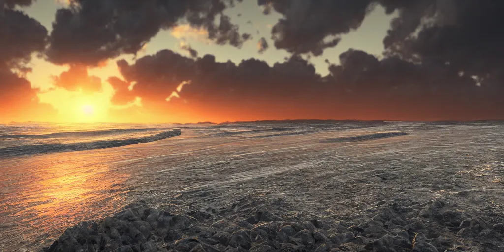 Prompt: a photo of a beach at sunset, turbulent sea, high coherence, highly detailed, high quality, 8K, path tracing, breathtaking landscape, cinematic lighting, concept art, octane render, unreal engine 5, trending on Artstation, soft light, godrays, complementary colors, natural lighting