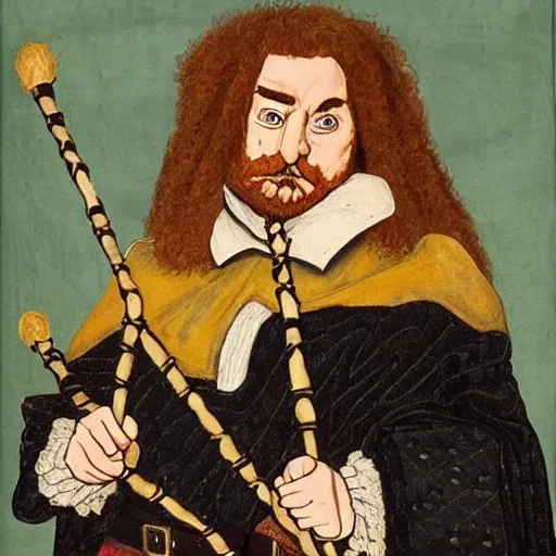 Prompt: a realistic 1 7 th century portrait of harry potter, a man with scottish features and exceptionally large bagpipes wearing quilts and wielding a wand. very pale, with a large pointy nose. hagrid in the background and hedwig on his shoulder